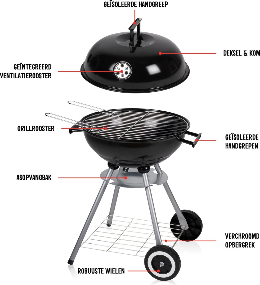 BBQ Collection Houtskoolbarbecue - Kogelbarbecue 45 X 60 Centimeter - Ronde Barbecue - Barbecue Op Wielen - Zwart - Metaal - Afbeelding 7