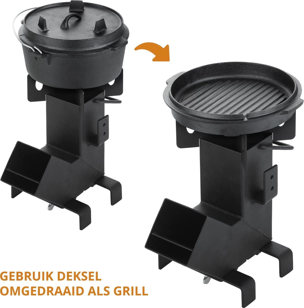 Dutch Mountains Gietijzeren Pannenset 7-delig - Dutch Oven – Braadpan - Grillpan - Hapjespan - Kookset In Houten Transportkist - Deksellifter - Brander - Afbeelding 9
