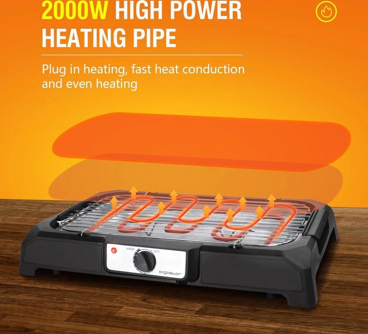 Aigostar Lava 30LDQ - Elektrische Grill - BBQ - Tafel Barbecue - Grilloppervlakte 41 X 24 Cm - 2000 Watt - Afbeelding 4