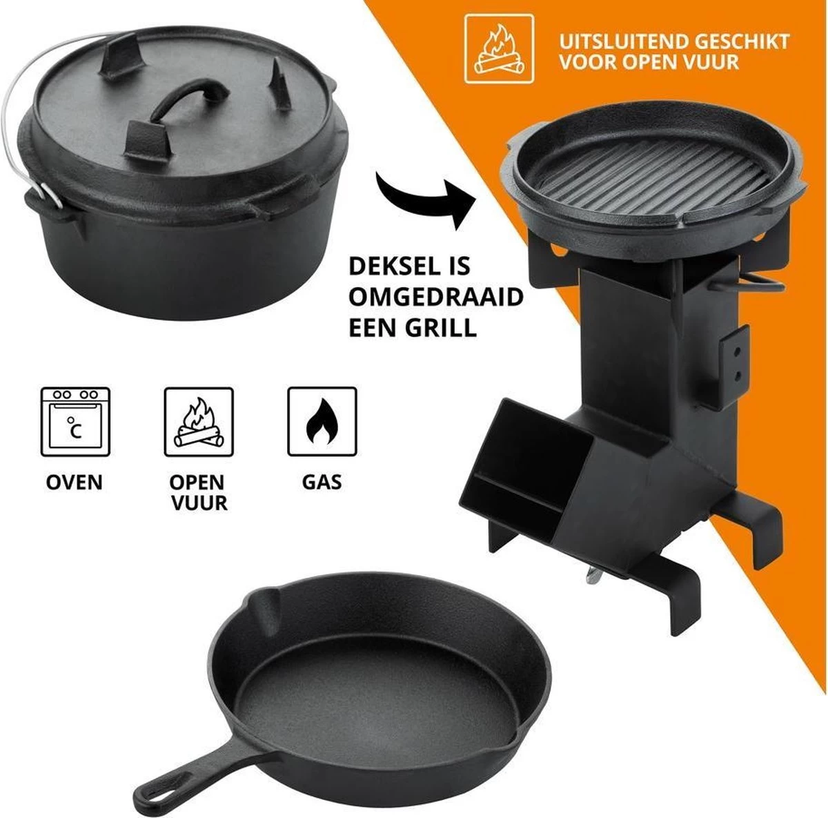 Dutch Mountains Gietijzeren Pannenset 7-delig - Dutch Oven – Braadpan - Grillpan - Hapjespan - Kookset In Houten Transportkist - Deksellifter - Brander - Afbeelding 7