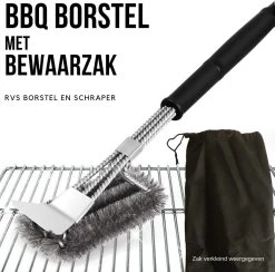 Gohh BBQ Borstel Met Schraper - Schoonmaakborstel - Barbecue Krabber Met Handige Bewaarzak 2 In 1