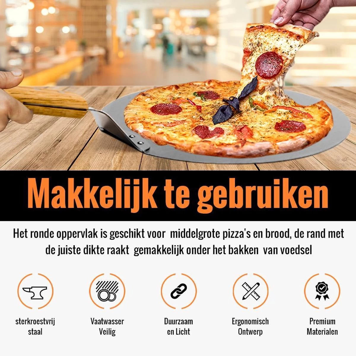 Inpro Pizzaschep RVS - Rond - Voor BBQ En Oven - Pizzaspatel - Taartschep - Houten Handvat - BBQ Gereedschap - Keukengerei - 30 Cm Diameter - Spatel - Afbeelding 2