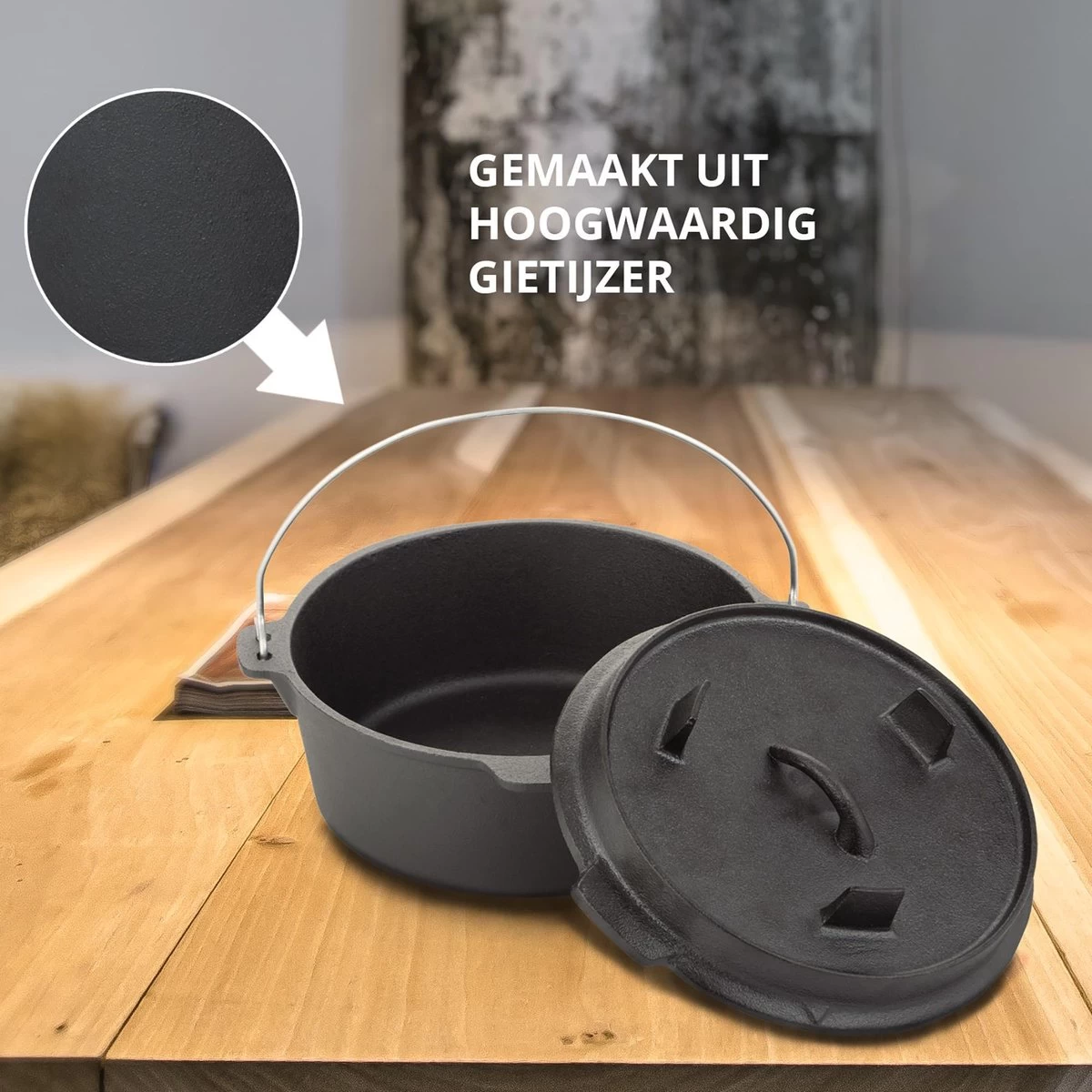 Dutch Mountains Gietijzeren Pannenset 7-delig - Dutch Oven – Braadpan - Grillpan - Hapjespan - Kookset In Houten Transportkist - Deksellifter - Brander - Afbeelding 3